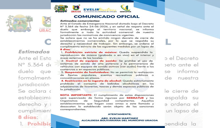 Alcaldía de Uracoa dicta normas de convivencia comercial por Estado de Emergencia Nacional