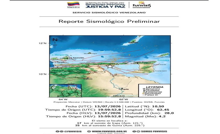 Sismo de magnitud 4.2 sacudió Irapa, en el oriente del país