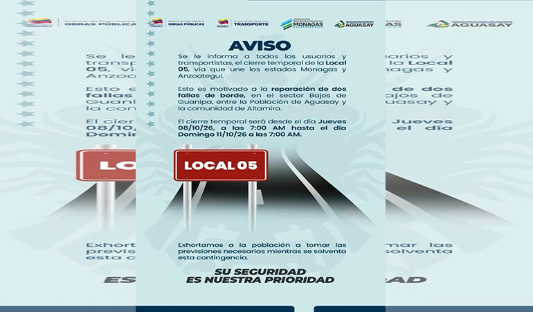 Por cuatro días cierran vía entre los estados Monagas y Anzoátegui