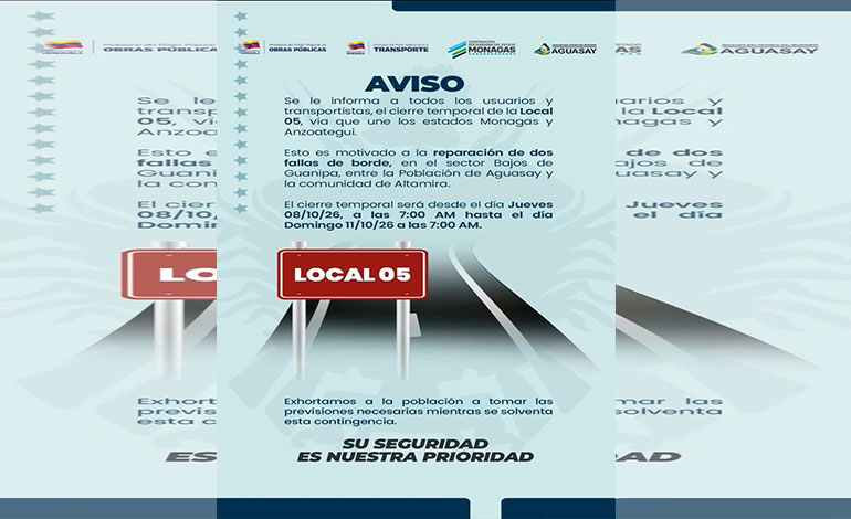 Por cuatro días cierran vía entre los estados Monagas y Anzoátegui